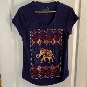 Lucky beaded elephant short sleeve shirt, navy size small, EUC
